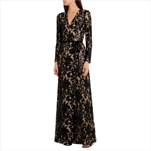 NWOT Diane von Furstenberg Elle Wrap Black Sequin Embellished Lace Gown - Picture 3 of 6